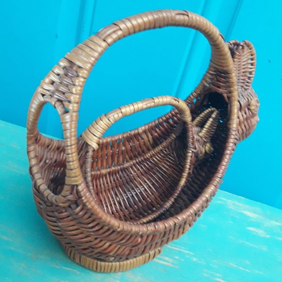 2 Vintage Wicker Basket Art Bunny Rabbit Woven Basket Animal Boho Easter Decor - Picture 11 of 16